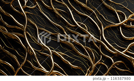 Black marble with intricate golden veins running through it. 3d background  116387980
