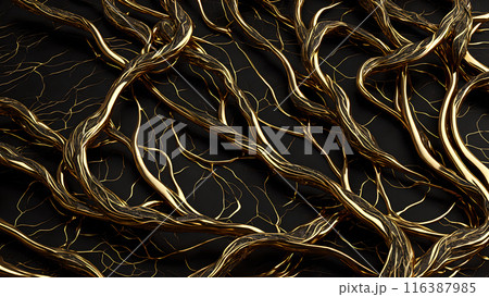 Black marble with intricate golden veins running through it. 3d background  116387985