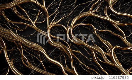 Black marble with intricate golden veins running through it. 3d background  116387986