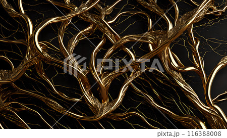Black marble with intricate golden veins running through it. 3d background  116388008