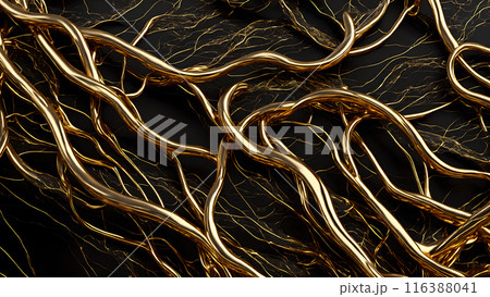 Black marble with intricate golden veins running through it. 3d background  116388041