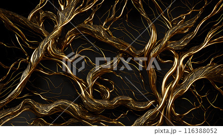 Black marble with intricate golden veins running through it. 3d background  116388052