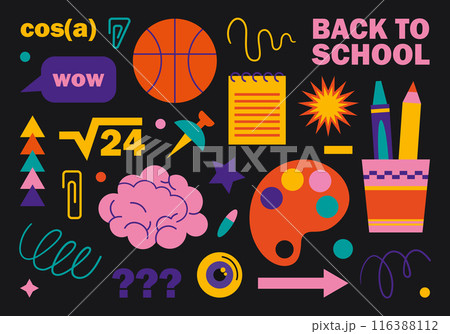 Back to school design elements on black background for design. Vector illustration in flat cartoon style. Colorful set of badges and icons for training and education, stationery, office supplies. 116388112