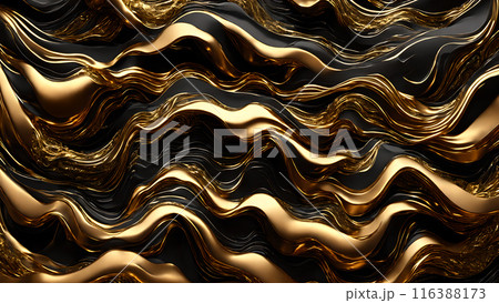 Waves of gold flowing across black marble. 3d background 116388173