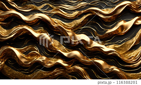 Waves of gold flowing across black marble. 3d background 116388201