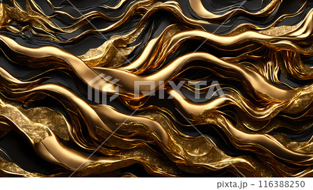 Waves of gold flowing across black marble. 3d background 116388250