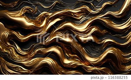 Waves of gold flowing across black marble. 3d background 116388255