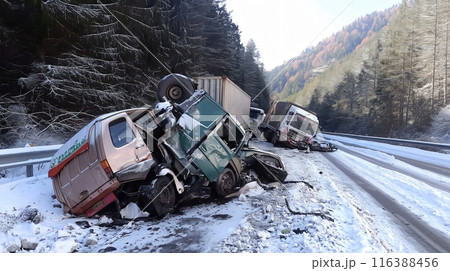 Car and truck accident crashing on a snowy road in the mountains 116388456