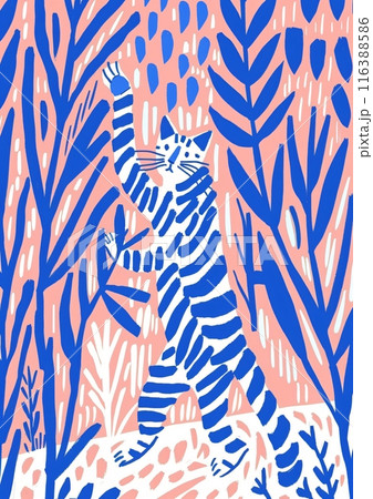 Blue and white striped cat reaching up in a pink and blue forest 116388586