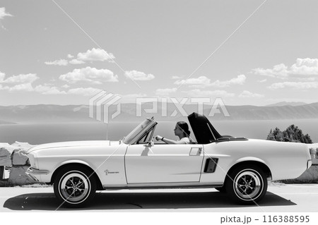 Young woman driving vintage convertible on road trip 116388595