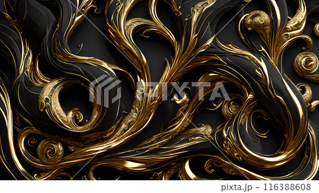 Elegant swirls of gold on a black marble background. 3d background 116388608