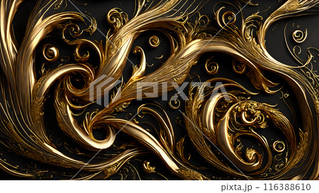 Elegant swirls of gold on a black marble background. 3d background 116388610