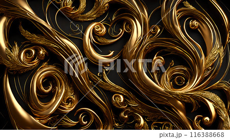 Elegant swirls of gold on a black marble background. 3d background 116388668