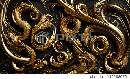 Elegant swirls of gold on a black marble background. 3d background 116388676