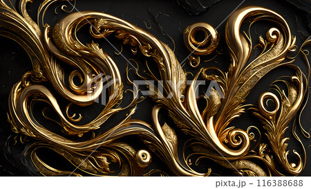 Elegant swirls of gold on a black marble background. 3d background 116388688