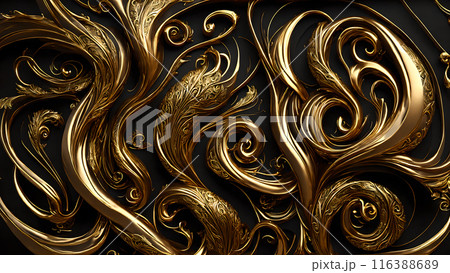Elegant swirls of gold on a black marble background. 3d background 116388689