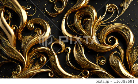 Elegant swirls of gold on a black marble background. 3d background 116388691