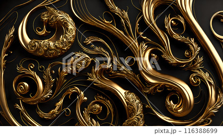 Elegant swirls of gold on a black marble background. 3d background 116388699