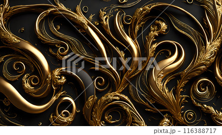 Elegant swirls of gold on a black marble background. 3d background 116388717