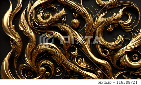 Elegant swirls of gold on a black marble background. 3d background 116388721