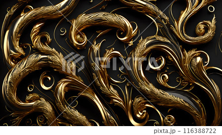 Elegant swirls of gold on a black marble background. 3d background 116388722