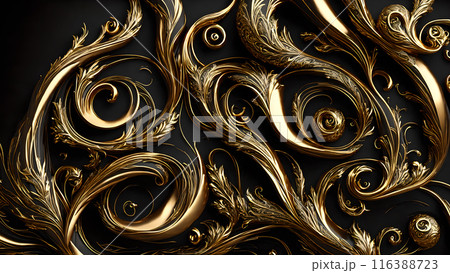Elegant swirls of gold on a black marble background. 3d background 116388723