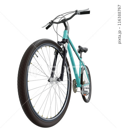 Blue teal bicycle, front side view with wide angle shot isolated on white background, 3D illustration Blue teal bicycle, front side view with wide angle shot isolated on white background, 3D illustration 116388767
