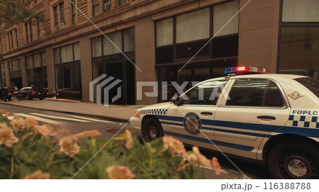 Police car parked on city street with flashing lights is guarding the entrance of a building 116388788