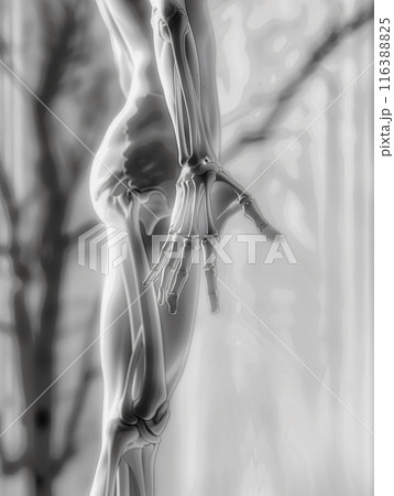 Human skeletal system showing upper and lower leg bones 116388825