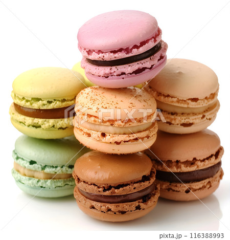 Colorful macarons forming a stack on white background 116388993