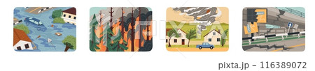 Forest fire, earthquake, tornado and flooding natural disasters set Forest fire, earthquake, tornado and flooding natural disasters set 116389072