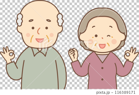 Smiling senior couple making an OK sign Smiling senior couple making an OK sign 116389171