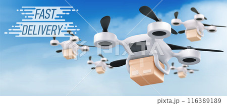 Fast delivery banner with drone robots and parcels 116389189