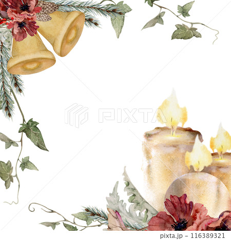 Candles, gold bells, poppy anemone, spruce fir tree branches cones, berries. Watercolor hand drawn illustration isolated on white. Xmas, happy new year festive, noel navidad holiday. For cards, gifts. Candles, gold bells, poppy anemone, spruce fir tree branches cones, berries. Watercolor hand drawn illustration isolated on white. Xmas, happy new year festive, noel navidad holiday. For cards, gifts. 116389321