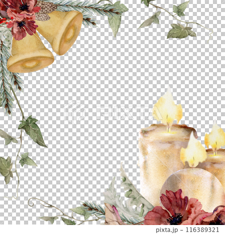 Candles, gold bells, poppy anemone, spruce fir tree branches cones, berries. Watercolor hand drawn illustration isolated on white. Xmas, happy new year festive, noel navidad holiday. For cards, gifts. Candles, gold bells, poppy anemone, spruce fir tree branches cones, berries. Watercolor hand drawn illustration isolated on white. Xmas, happy new year festive, noel navidad holiday. For cards, gifts. 116389321
