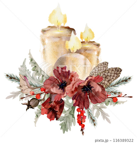 Candles, poppy anemone flower, spruce fir tree branches cones, berries. Watercolor hand drawn illustration isolated on white. Xmas, happy new year festive, noel navidad holiday. For cards, gifts. 116389322