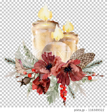 Candles, poppy anemone flower, spruce fir tree branches cones, berries. Watercolor hand drawn illustration isolated on white. Xmas, happy new year festive, noel navidad holiday. For cards, gifts. Candles, poppy anemone flower, spruce fir tree branches cones, berries. Watercolor hand drawn illustration isolated on white. Xmas, happy new year festive, noel navidad holiday. For cards, gifts. 116389322
