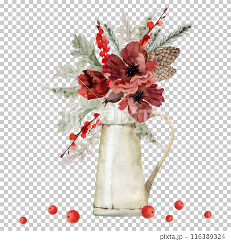Poppy anemone flower, spruce fir tree branches cones, berries. Watercolor hand drawn illustration, vase bouquet isolated on white. Xmas, happy new year festive, noel navidad holiday. For cards, gifts. Poppy anemone flower, spruce fir tree branches cones, berries. Watercolor hand drawn illustration, vase bouquet isolated on white. Xmas, happy new year festive, noel navidad holiday. For cards, gifts. 116389324