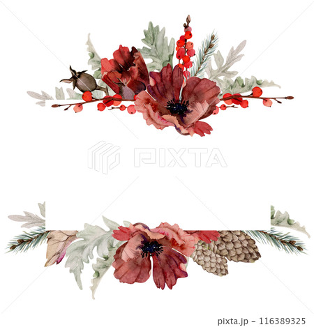 Poppy anemone flower, spruce fir tree branches cones, berries. Watercolor hand drawn illustration, border frame isolated on white. Xmas, happy new year festive, noel navidad holiday. For cards, gifts. 116389325