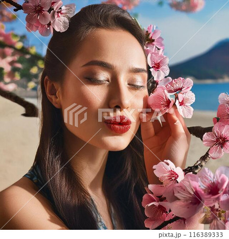 目をつぶりキスの仕草をするセクシー女性 116389333