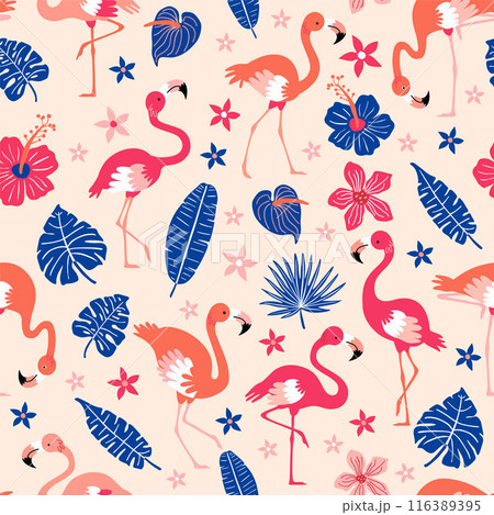 Pattern with pink flamingos and tropical leaves on pink background. Pink flamingo in flat style. Seamless pattern for textile, wrapping paper, background. 116389395