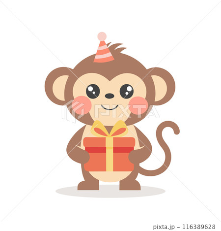 Cute baby monkey with a gift box in a party hat. Birthday greetings for children. Illustration, postcard, print for clothes Cute baby monkey with a gift box in a party hat. Birthday greetings for children. Illustration, postcard, print for clothes 116389628