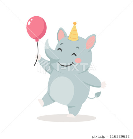 Cute baby rhino with a balloon in a party hat. Birthday greetings for children. Illustration, postcard, print for clothes 116389632