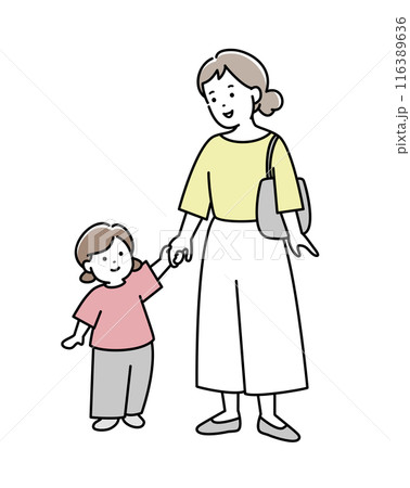 手を繋いで見つめ合うお母さんと子供のイラスト素材 116389636