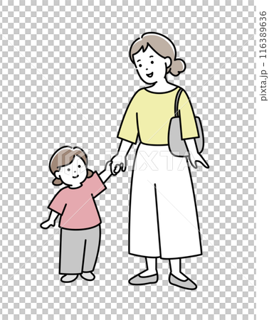 手を繋いで見つめ合うお母さんと子供のイラスト素材 116389636