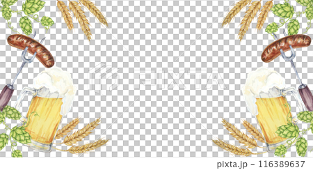 Watercolor banner design featuring frothy beer mugs with sausages, hops, and barley. Clipart with blank space for Oktoberfest invitations, beer garden promotions, and festive event banners. Watercolor banner design featuring frothy beer mugs with sausages, hops, and barley. Clipart with blank space for Oktoberfest invitations, beer garden promotions, and festive event banners. 116389637