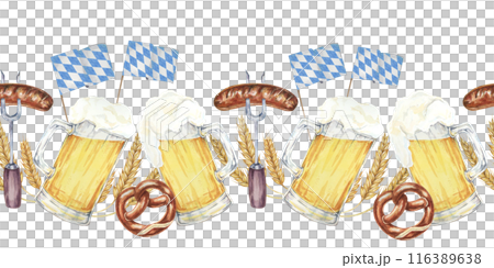 Beer mugs with foam, pretzels, barley, sausages and blue-and-white Bavarian flags banner clipart. Watercolor seamless border for creating Oktoberfest-themed invitations, menus, festive event banners. Beer mugs with foam, pretzels, barley, sausages and blue-and-white Bavarian flags banner clipart. Watercolor seamless border for creating Oktoberfest-themed invitations, menus, festive event banners. 116389638