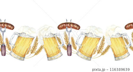 Beer mugs, barley stalks, forks with grilled sausage in continuous line. Seamless border watercolor clipart for pub signs, beer tasting events, Oktoberfest promotions, party supplies 116389639