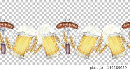 Beer mugs, barley stalks, forks with grilled sausage in continuous line. Seamless border watercolor clipart for pub signs, beer tasting events, Oktoberfest promotions, party supplies 116389639