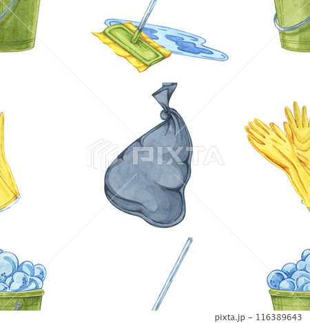 Seamless pattern print filled with mops, garbage bags, and gloves. Watercolor backdrop perfect for custom wallpapers, promotional brochures for cleaning companies, and fabric prints for home decor 116389643
